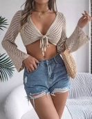 Summer hollow stripes with long -sleeved navel knitted cardigan sunscreen shirt