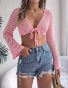 Summer hollow stripes with long -sleeved navel knitted cardigan sunscreen shirt