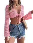 Summer hollow stripes with long -sleeved navel knitted cardigan sunscreen shirt