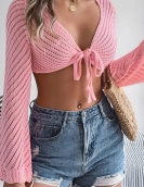 Summer hollow stripes with long -sleeved navel knitted cardigan sunscreen shirt