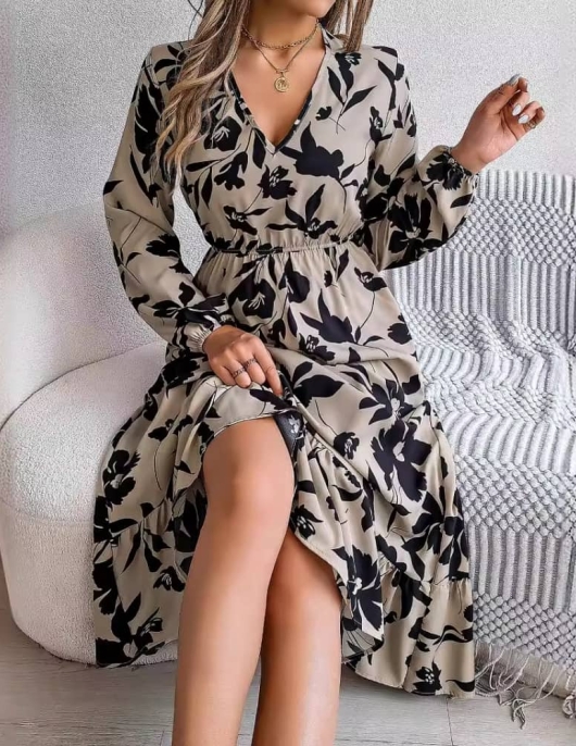 Casual flowers, waist, long sleeve ruffled side dress