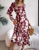 Casual flowers, waist, long sleeve ruffled side dress