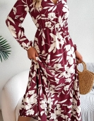 Casual flowers, waist, long sleeve ruffled side dress