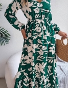 Casual flowers, waist, long sleeve ruffled side dress