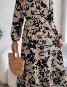 Casual flowers, waist, long sleeve ruffled side dress