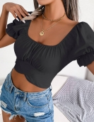 Casual short -sleeved lace waist chiffon shirt exposed navel top