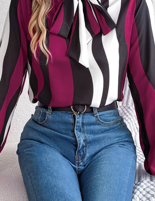 Temperament color striped stripes lantern sleeve chiffon shirt top