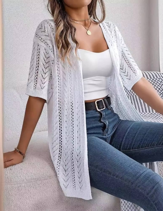 Summer hollow short -sleeved knitted cardigan vacation sunscreen shirt