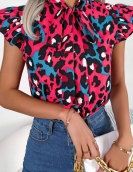 Leisure Leopard Wooden Ear Laceted Chiffon Shirt Top