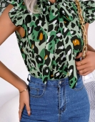 Leisure Leopard Wooden Ear Laceted Chiffon Shirt Top