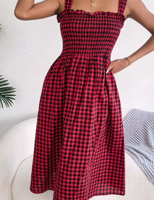 Leisure lace -up color lattice mid -length dress