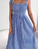 Leisure lace -up color lattice mid -length dress