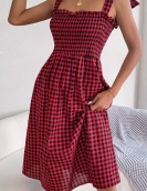 Leisure lace -up color lattice mid -length dress