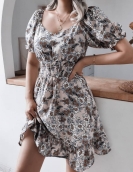 Summer new leisure side collar lantern sleeve crushed flowers casual lotus leaf edge dress