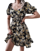 Summer new leisure side collar lantern sleeve crushed flowers casual lotus leaf edge dress