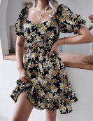 Summer new leisure side collar lantern sleeve crushed flowers casual lotus leaf edge dress