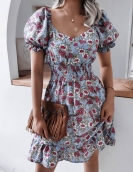 Summer new leisure side collar lantern sleeve crushed flowers casual lotus leaf edge dress