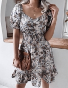 Summer new leisure side collar lantern sleeve crushed flowers casual lotus leaf edge dress