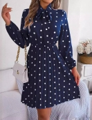 Temporary wave dot tie waist long -sleeved pleated skirt