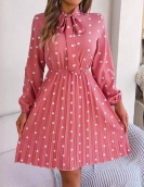 Temporary wave dot tie waist long -sleeved pleated skirt