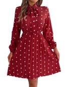 Temporary wave dot tie waist long -sleeved pleated skirt