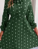 Temporary wave dot tie waist long -sleeved pleated skirt