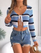 Summer hollow contrasting color striped stripes with long -sleeved navel knitted cardigan sunscreen shirt