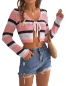 Summer hollow contrasting color striped stripes with long -sleeved navel knitted cardigan sunscreen shirt