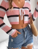 Summer hollow contrasting color striped stripes with long -sleeved navel knitted cardigan sunscreen shirt