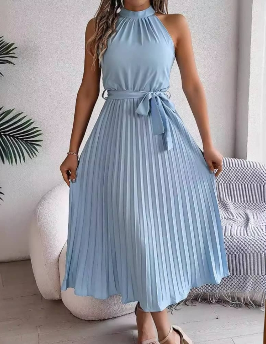 Elegant standing collar sleeveless waist pleated long skirt