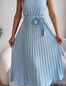 Elegant standing collar sleeveless waist pleated long skirt