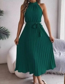 Elegant standing collar sleeveless waist pleated long skirt