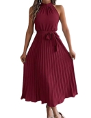 Elegant standing collar sleeveless waist pleated long skirt