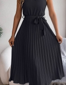 Elegant standing collar sleeveless waist pleated long skirt