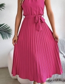 Elegant standing collar sleeveless waist pleated long skirt