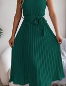 Elegant standing collar sleeveless waist pleated long skirt