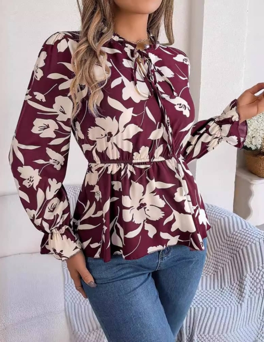 Casual flowers lace long -sleeved chiffon shirt top