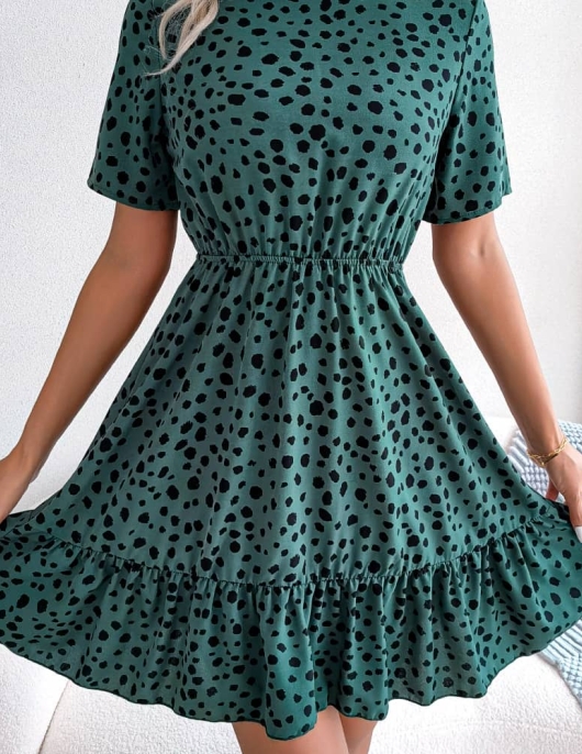 Casual wave dot, waist, lotus leaf edge dressing dress