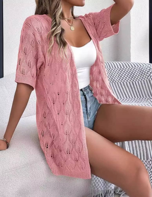 Summer hollow leaf short -sleeved knitted cardigan vacation shirt