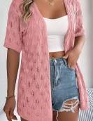 Summer hollow leaf short -sleeved knitted cardigan vacation shirt