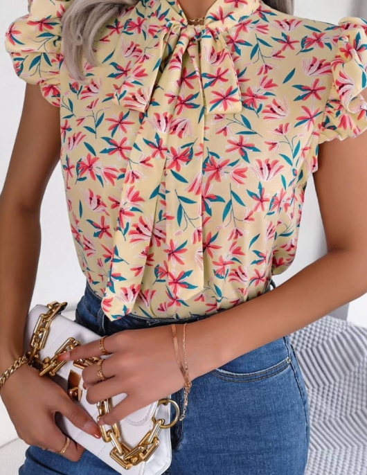 Leisure floral and wooden ear lace -up bow chiffon shirt