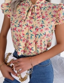 Leisure floral and wooden ear lace -up bow chiffon shirt