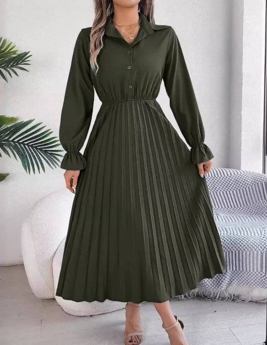 Leisure lapel button long -sleeved waist pleated long skirt