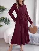 Leisure lapel button long -sleeved waist pleated long skirt