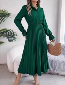 Leisure lapel button long -sleeved waist pleated long skirt