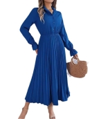 Leisure lapel button long -sleeved waist pleated long skirt