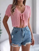 Summer lace hollow short -sleeved knitted cardigan vacation navel sunscreen shirt