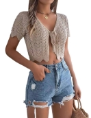 Summer lace hollow short -sleeved knitted cardigan vacation navel sunscreen shirt