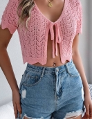 Summer lace hollow short -sleeved knitted cardigan vacation navel sunscreen shirt