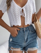 Summer lace hollow short -sleeved knitted cardigan vacation navel sunscreen shirt